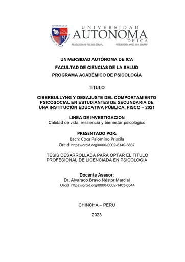 Ciberbullyng Y Desajuste Del Comportamiento Psicosocial En Estudiantes De Secundaria De Una Institucion Educativa Publica, Pisco - 2021