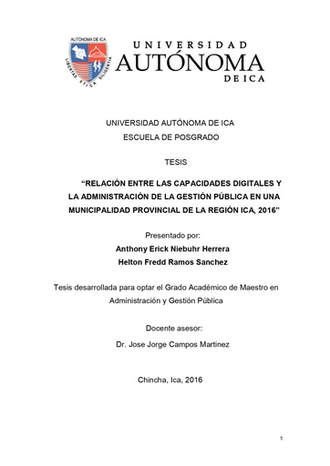 RELACIÓN ENTRE LAS CAPACIDADES DIGITALES Y LA ADMINISTRACIÓN DE LA GESTIÓN PÚBLICA EN UNA MUNICIPALIDAD PROVINCIAL DE LA REGIÓN ICA, 2016