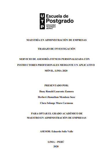 Servicio de asesoría fitness personalizada con instructores profesionales mediante un aplicativo móvil, Lima 2020