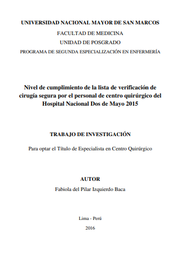 Nivel de cumplimiento de la lista de verificación de cirugía segura por el personal de centro quirúrgico
