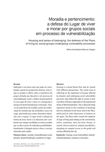 Moradia e pertencimento: a defesa do Lugar de viver e morar por grupos sociais em processo de vulnerabilização