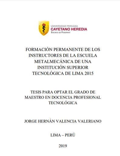 Formación permanente de los instructores de la Escuela Metalmecánica de una Institución Superior Tecnológica de Lima 2015