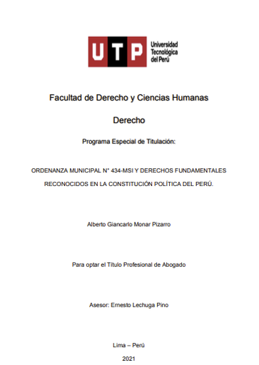 Ordenanza Municipal N° 434-MSI y derechos fundamentales reconocidos en la Constitución Política del Perú