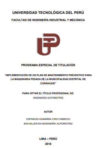 Implementación de un plan de mantenimiento preventivo para la maquinaria pesada de la Municipalidad Distrital de Curahuasi