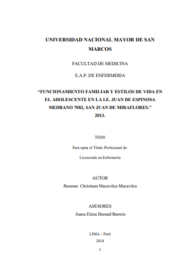 Funcionamiento familiar y estilos de vida en el adolescente en la I.E. Juan de Espinosa Medrano 7082