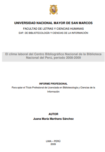 El clima laboral del Centro Bibliográfico Nacional de la Biblioteca Nacional del Perú