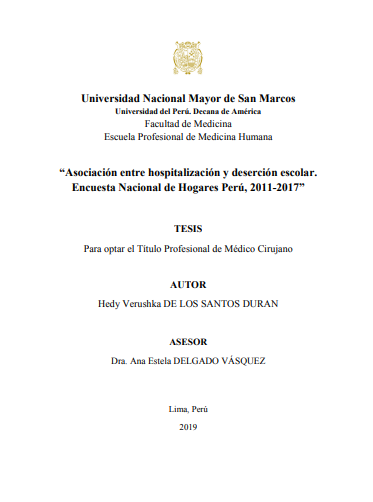 Asociación entre hospitalización y deserción escolar. Encuesta Nacional de Hogares Perú