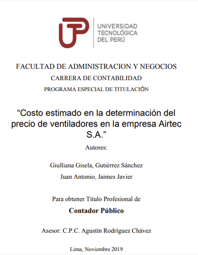 Costo estimado en la determinación del precio de ventiladores en la empresa Airtec S. A.