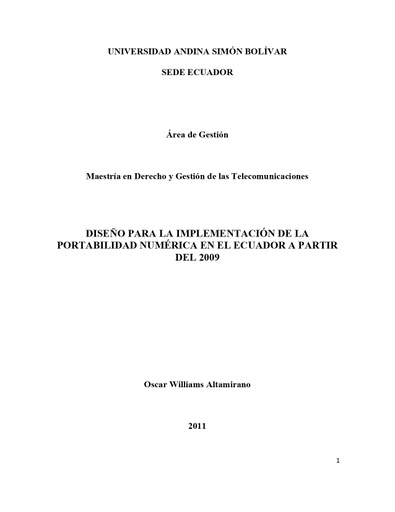 Diseño para la implementación de la portabilidad numérica en el Ecuador a partir del 2009