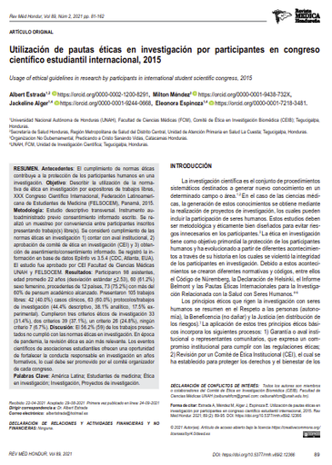 Utilización de pautas éticas en investigación por participantes en congreso científico estudiantil internacional, 2015