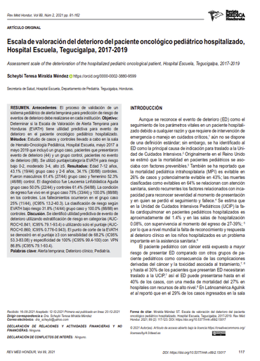 Escala de valoración del deterioro del paciente oncológico pediátrico hospitalizado, Hospital Escuela, Tegucigalpa, 2017-2019