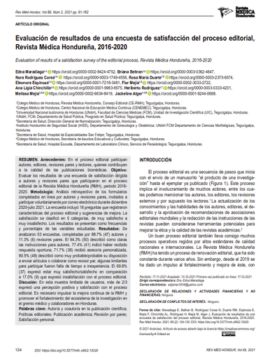 Evaluación de resultados de una encuesta de satisfacción del proceso editorial, Revista Médica Hondureña, 2016-2020