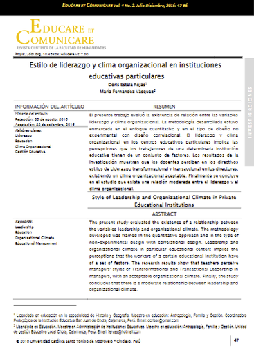 Estilo de liderazgo y clima organizacional en instituciones educativas particulares