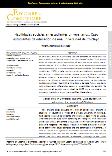 Habilidades sociales en estudiantes universitarios. Caso estudiantes de educación de una universidad de Chiclayo