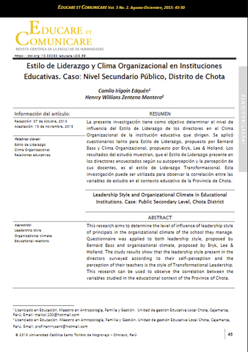 Estilo de liderazgo y clima organizacional en instituciones educativas. Caso: Nivel secundario público, distrito de Chota