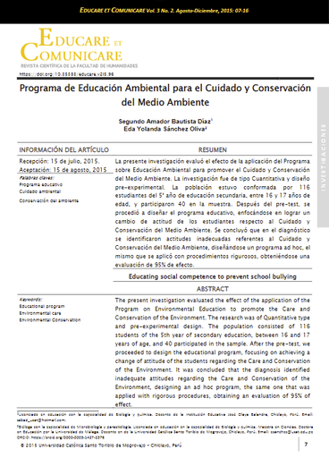 Programa de educación ambiental para el cuidado y conservación del medio ambiente