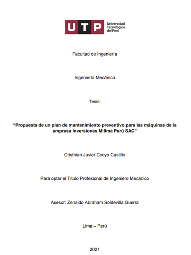 Propuesta de un plan de mantenimiento preventivo para las máquinas de la empresa Inversiones Millma Perú SAC