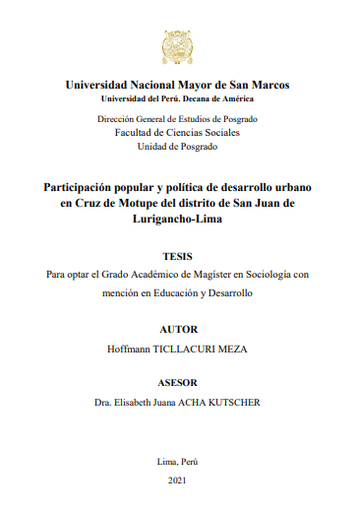 Participación popular y política de desarrollo urbano en Cruz de Motupe del distrito de San Juan de Lurigancho-Lima