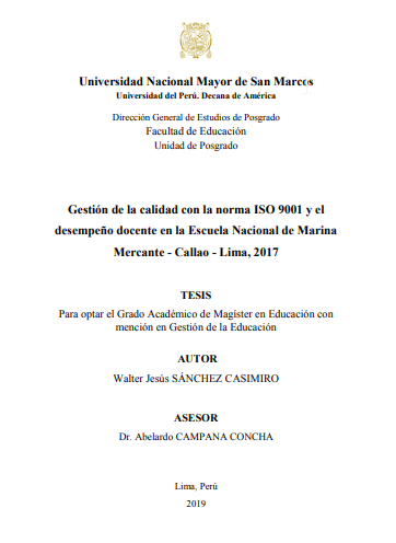 Gestión de la calidad con la norma ISO 9001 y el desempeño docente en la Escuela Nacional de Marina Mercante