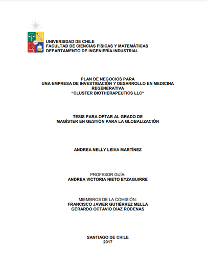 Plan de negocios para una empresa de investigación y desarrollo en medicina regenerativa &quot;Cluster Biotherapeutics LLC&quot;