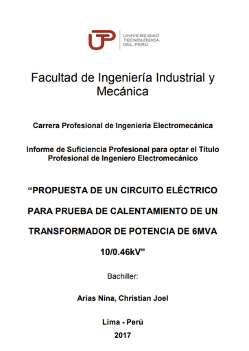 Propuesta de un circuito eléctrico para prueba de calentamiento de un transformador de potencia de 6MVA 10/0.46KV