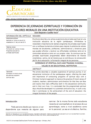Experiencia de jornadas espirituales y formación en valores morales en una institución educativa