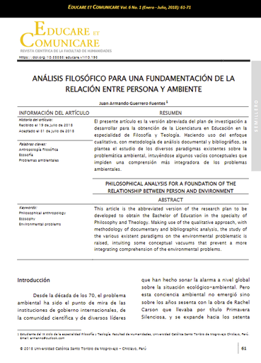 Análisis filosófico para una fundamentación de la relación entre persona y ambiente