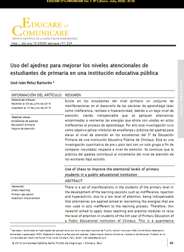 Uso del ajedrez para mejorar los niveles atencionales de estudiantes de primaria en una institución educativa pública