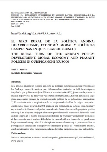 El giro rural de la política andina: desarrollismo, economía moral y políticas campesinas en Quispicanchi, Cusco