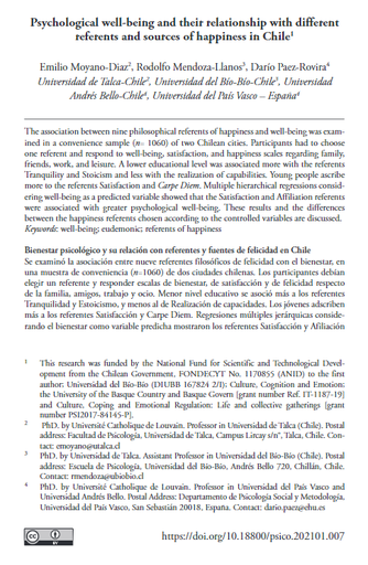 Psychological well-being and their relationship with different referents and sources of happiness in Chile