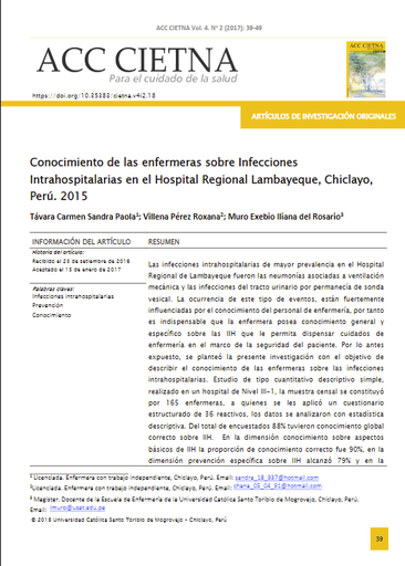 Conocimiento de las enfermeras sobre Infecciones Intrahospitalarias en el Hospital Regional Lambayeque, Chiclayo, Perú. 2015