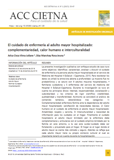 El cuidado de enfermería al adulto mayor hospitalizado: complementariedad, calor humano e interculturalidad