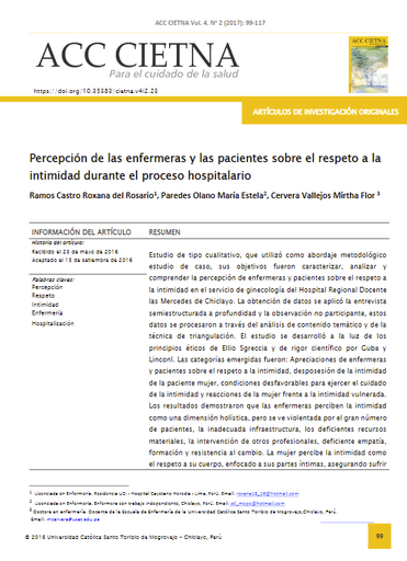 Percepción de las enfermeras y las pacientes sobre el respeto a la intimidad durante el proceso hospitalario