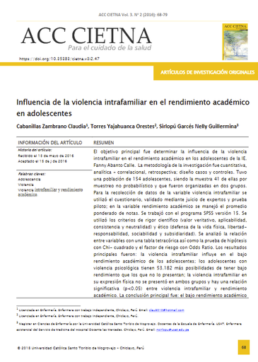 Influencia de la violencia intrafamiliar en el rendimiento académico en adolescentes