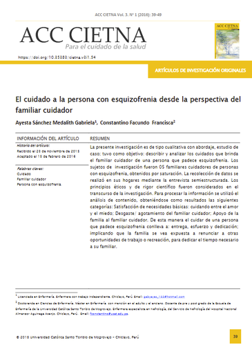 El cuidado a la persona con esquizofrenia desde la perspectiva del familiar cuidador