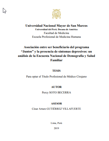 Asociación entre ser beneficiario del programa &quot;Juntos&quot; y la presencia de síntomas depresivos