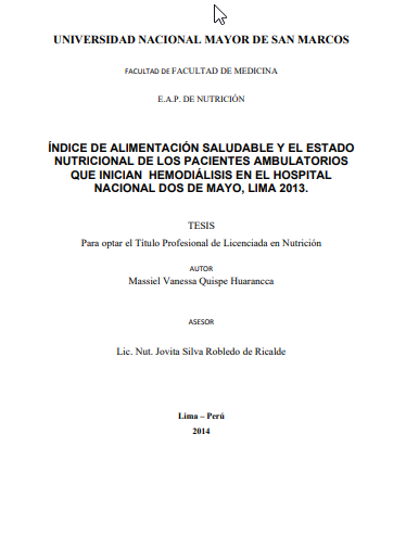 Indice de alimentación saludable y el estado nutricional de los pacientes ambulatorios que inician hemodiálisis