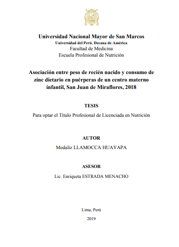 Asociación entre peso de recién nacido y consumo de zinc dietario en puérperas