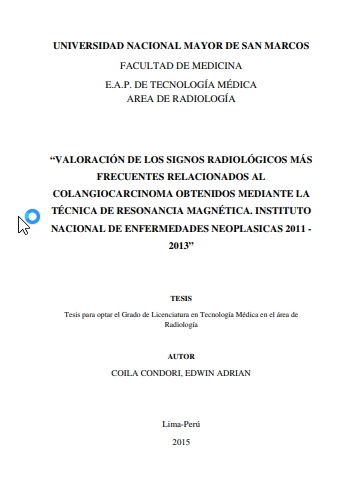 Valoración de los signos radiológicos más frecuentes relacionados al colangiocarcinoma