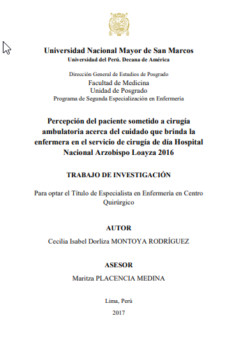 Percepción del paciente sometido a cirugía ambulatoria acerca del cuidado que brinda la enfermera