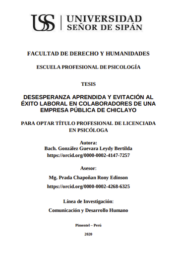 Desesperanza aprendida y evitación al éxito laboral en colaboradores de una empresa pública de Chiclayo