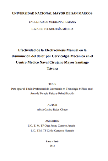 Efectividad de la Electrocinesis Manual en la disminucion del dolor por Cervicalgia Mecánica en el Centro Medico Naval