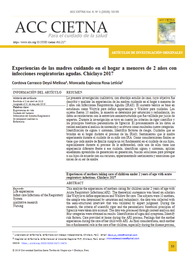 Experiencias de las madres cuidando en el hogar a menores de 2 años con infecciones respiratorias agudas. Chiclayo 2017