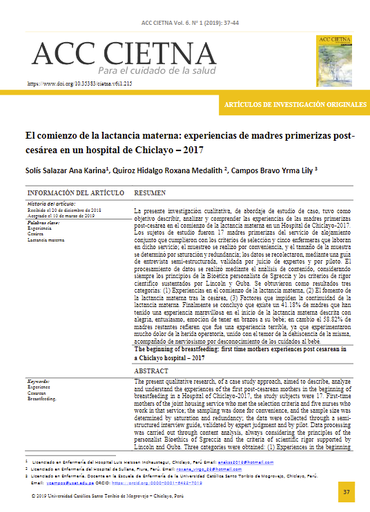 El comienzo de la lactancia materna: experiencias de madres primerizas postcesárea en un hospital de Chiclayo - 2017