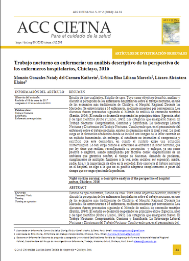 Trabajo nocturno en enfermería: un análisis descriptivo de la perspectiva de los enfermeros hospitalarios, Chiclayo, 2016