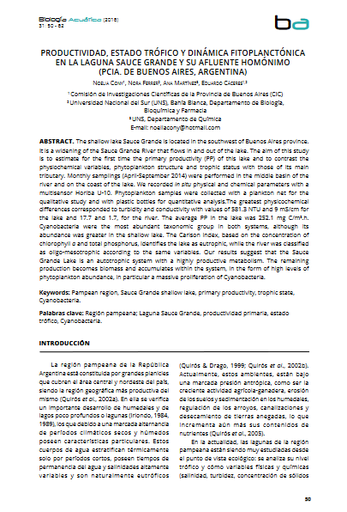 Productividad, estado trófico y dinámica fitoplanctónica en la laguna Sauce Grande y su afluente homónimo