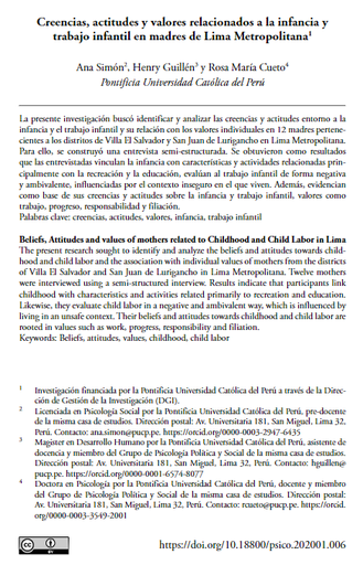 Creencias, actitudes y valores relacionados a la infancia y trabajo infantil en madres de Lima Metropolitana