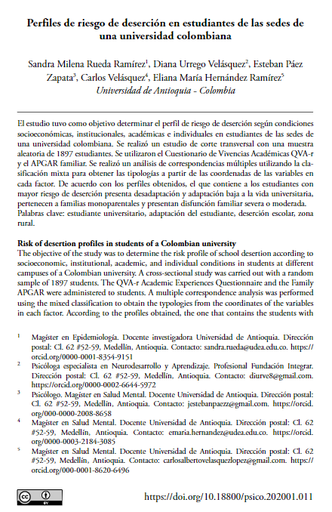 Perfiles de riesgo de deserción en estudiantes de las sedes de una universidad colombiana