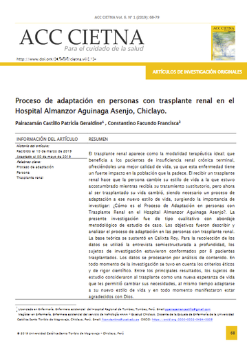 Proceso de adaptación en personas con trasplante renal en el Hospital Almanzor Aguinaga Asenjo, Chiclayo.