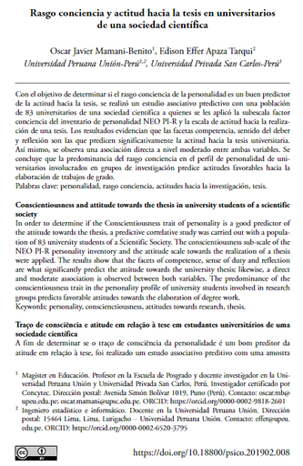 Rasgo conciencia y actitud hacia la tesis en universitarios de una sociedad científica